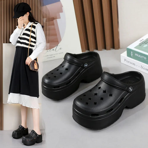 9CM Thick Women's Sandals 2024 New Summer Slippers High Heel Soft Sole Beach Garden Shoes Outdoor Waterproof Women's Hole Shoes