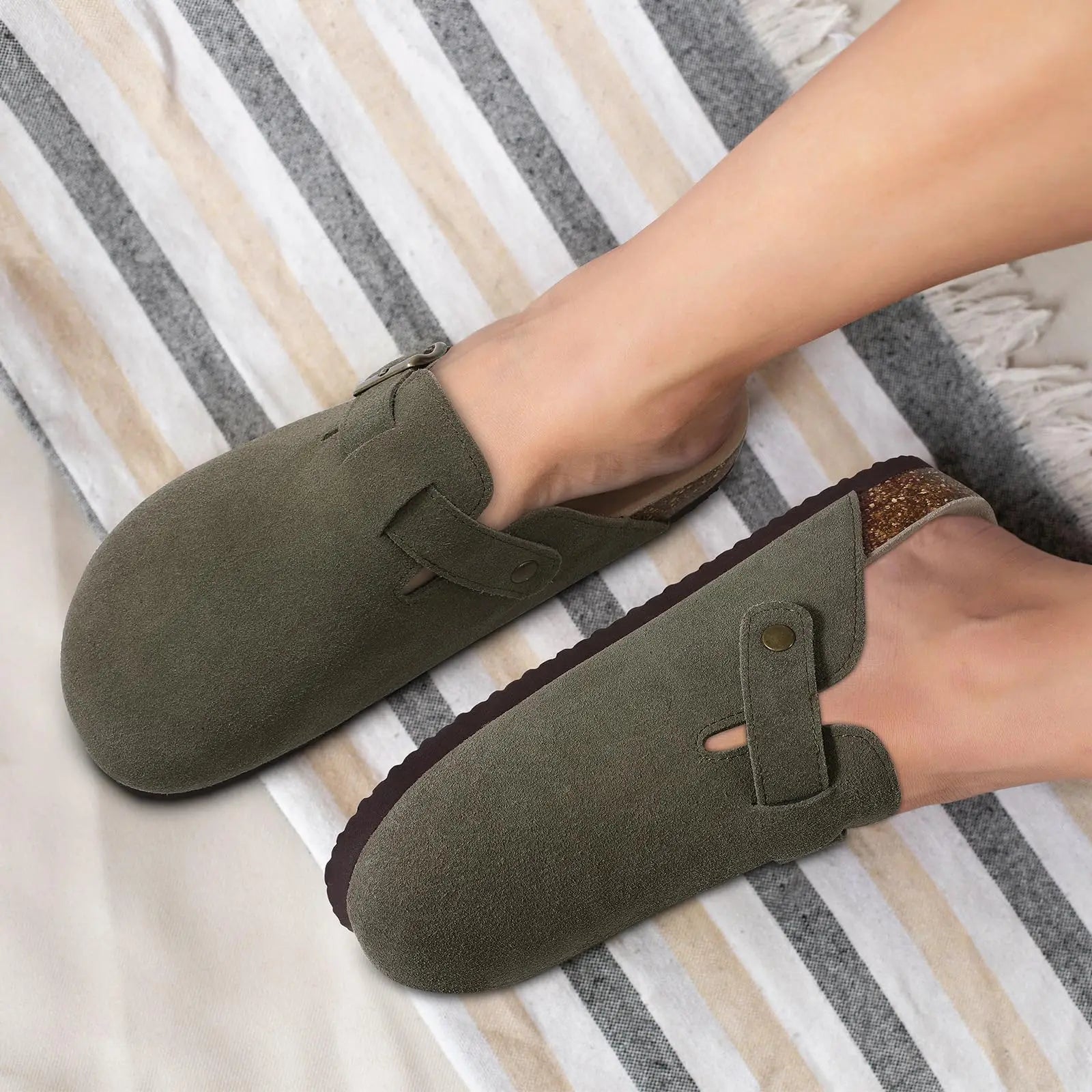 Shevalues Women's Suede Clogs Classic Cork Slippers Leather Mules Men Cork Footbed Sandals Comfort Beach Shoes with Arch Support